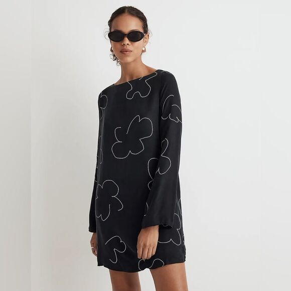 NWT Madewell Shift Long Sleeve Mini Dress in Floral True Black - Picture 2 of 10